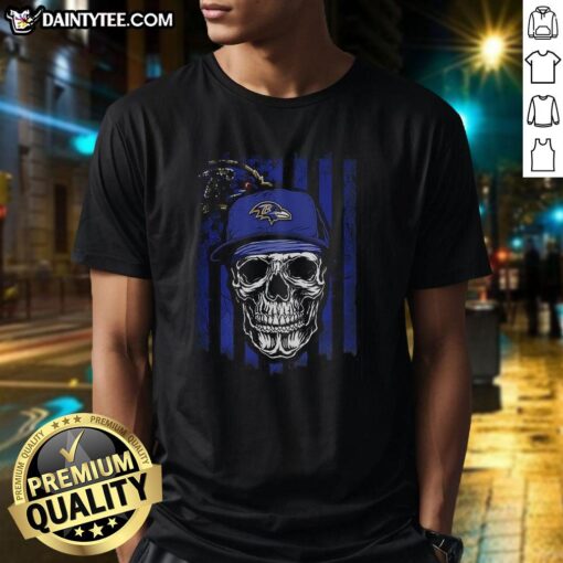 Alt Text: Awesome Baltimore Ravens NFL Skull American Flag T-Shirt for football lovers, featuring a bold design and vibrant colors.