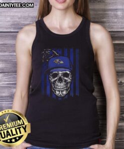 Alt Text: Awesome Baltimore Ravens NFL skull tank top with American flag design for football lovers.