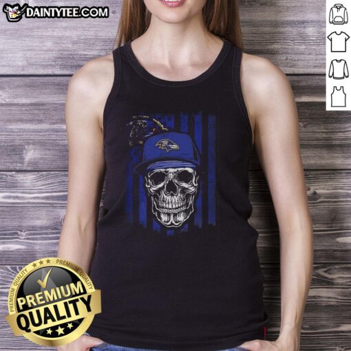 Alt Text: Awesome Baltimore Ravens NFL skull tank top with American flag design for football lovers.
