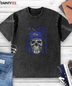 Alt Text: Awesome Baltimore Ravens NFL skull t-shirt with American flag design, perfect for football lovers and fans.