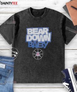 Alt Text: Baby in Arizona Wildcats basketball washed t-shirt featuring Awesome Bear Down design, perfect for young fans.
