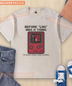 Alt Text: Awesome 8-bit retro gamer washed t-shirt showcasing vintage portable gaming experience before LAG was a thing.