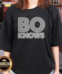Alt Text: Retro ladies tee featuring Bo Jackson with BO Knows graphic, celebrating the iconic athlete's legacy in style.