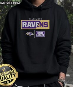 Awesome Bud Light Baltimore Ravens team hoodie featuring vibrant colors and logo, perfect for fans and game day.