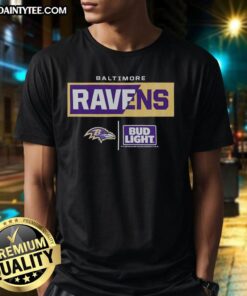 Alt Text: Awesome Bud Light Baltimore Ravens team t-shirt featuring vibrant colors and logo, perfect for fans and game day.