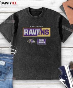 Alt Text: Awesome Bud Light Baltimore Ravens team washed t-shirt featuring vibrant team colors and logo for fans.