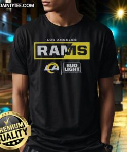 Alt Text: Awesome Bud Light Los Angeles Rams team t-shirt featuring vibrant team colors and logo, perfect for fans.