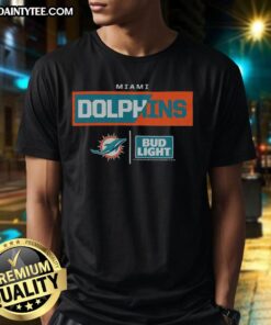 Alt Text: Awesome Bud Light Miami Dolphins T-Shirt featuring vibrant team colors and logo, perfect for fans and game day.