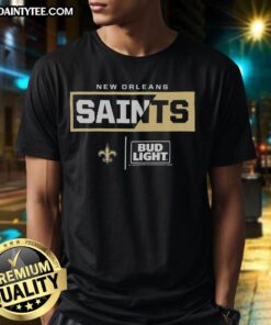 Awesome Bud Light New Orleans Saints team T-shirt featuring vibrant graphics, perfect for game day and fan wear.