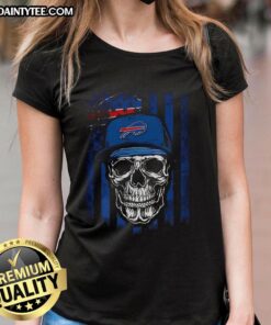 Awesome Buffalo Bills NFL skull American flag design on a ladies tee for football lovers.