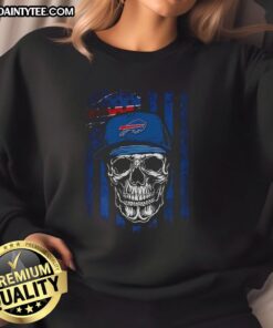Alt Text: Awesome Buffalo Bills NFL Skull sweatshirt featuring American flag design for football lovers.
