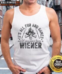 Fun camping scene featuring a humorous 'All Fun and Games Until Someone Lost a Weiner' tank top, perfect for outdoor adventures.