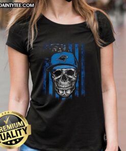 Alt Text: Awesome Carolina Panthers NFL skull tee with American flag design for football lovers, perfect for ladies.