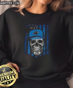 Alt Text: Awesome Carolina Panthers NFL skull sweatshirt featuring American flag design, perfect for football lovers.