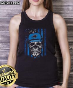 Awesome Carolina Panthers NFL skull tank top with American flag design, perfect for football lovers and fans.