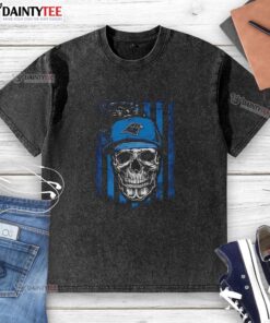 Alt Text: Awesome Carolina Panthers NFL skull design on a washed t-shirt, perfect for football lovers and fans.