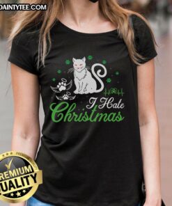 Awesome Cat I Hate Christmas Ladies Tee featuring a playful cat graphic, perfect for holiday humor and casual wear.