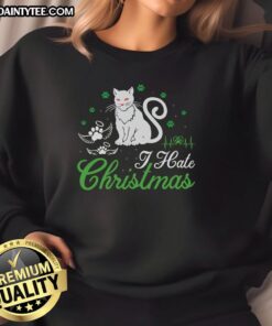 Awesome Cat I Hate Christmas Sweatshirt featuring a playful cat graphic, perfect for holiday humor and cozy wear.