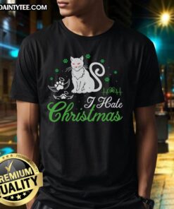 Awesome Cat I Hate Christmas T-Shirt featuring a playful cat graphic and festive text, perfect for holiday humor.