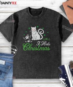 Awesome cat I hate Christmas washed t-shirt featuring a playful cat design, perfect for holiday humor and casual wear.