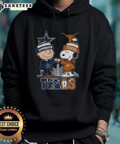 Awesome Charlie Brown Dallas Cowboys hoodie featuring Snoopy and Texas Longhorns skyline design.