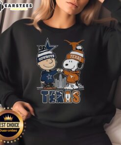 Awesome Charlie Brown sweatshirt featuring Snoopy, Dallas Cowboys, Texas Longhorns, and skyline design.