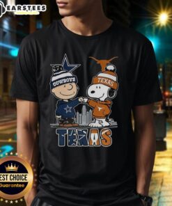 Awesome Charlie Brown Dallas Cowboys T-shirt featuring Snoopy and Texas Longhorns skyline design.