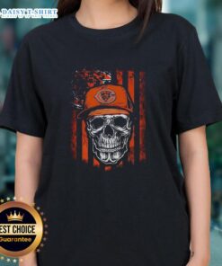 Alt Text: Awesome Chicago Bears NFL skull graphic on an American flag, perfect for football lovers' ladies tee.