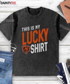Awesome Chicago Bears 'This Is My Lucky' washed t-shirt displayed on a hanger, showcasing team spirit and style.