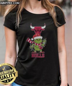 Awesome Chicago Bulls Christmas Grinch Santa Hat Holiday 2025 Ladies Tee design featuring festive colors and team logo.