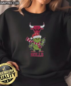 Chicago Bulls Christmas Grinch Santa hat sweatshirt 2025, festive design perfect for holiday cheer and basketball fans.