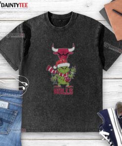 Alt Text: Awesome Chicago Bulls Christmas Grinch Santa Hat Holiday 2025 washed t-shirt featuring festive design and team logo.