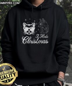 Awesome Cool Cat I Hate Christmas Hoodie featuring a playful cat graphic, perfect for holiday gatherings and quirky fashion.