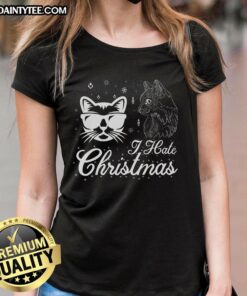 Awesome cool cat I hate Christmas ladies tee featuring a stylish cat graphic and playful text design for holiday humor.