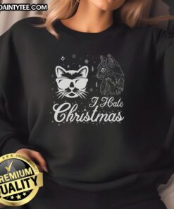 Awesome cool cat I hate Christmas sweatshirt featuring a stylish feline graphic in festive colors.