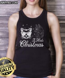 Awesome cool cat in a 'I Hate Christmas' tank top, showcasing a fun and quirky holiday-themed outfit.