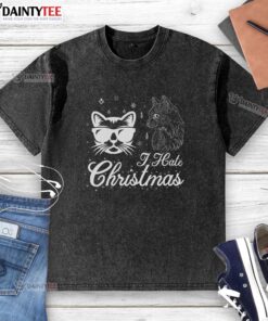 Awesome cool cat I hate Christmas washed t-shirt featuring a playful feline graphic, perfect for holiday humor.