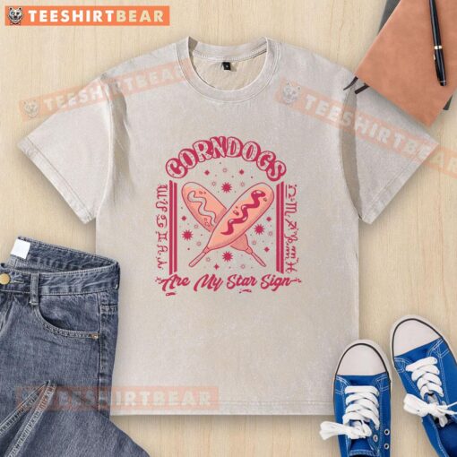 Awesome corndogs zodiac washed t-shirt featuring fun corndog graphics and astrological symbols for food lovers.