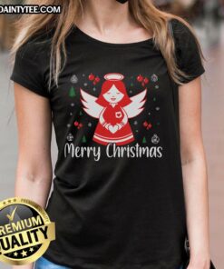 Awesome Cute Angel Merry Christmas Ladies Tee featuring a festive angel graphic, perfect for holiday celebrations.