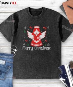 Cute angel graphic on a merry Christmas washed t-shirt, perfect for holiday celebrations and festive outfits.