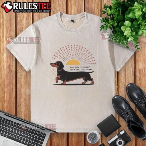 Adorable dachshund lounging in sunlight, showcasing the 'Make Room For Sunlight & Small Dogs' washed t-shirt design.