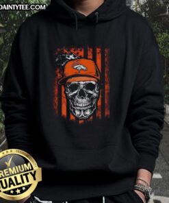 Alt Text: Awesome Denver Broncos NFL hoodie featuring a skull design with the American flag, perfect for football lovers.