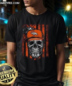 Awesome Denver Broncos NFL Skull American Flag T-Shirt for football lovers, showcasing team spirit and patriotic design.