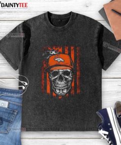 Awesome Denver Broncos NFL skull graphic on an American flag washed t-shirt for football lovers.