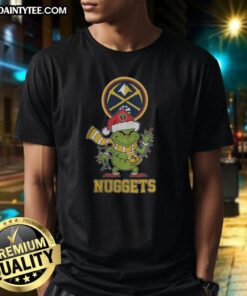 Alt Text: Awesome Denver Nuggets Christmas Grinch Santa Hat Holiday 2025 T-Shirt featuring festive design and team colors.