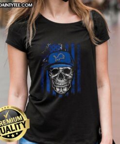 Awesome Detroit Lions NFL skull graphic tee with American flag for football lovers, perfect for ladies.