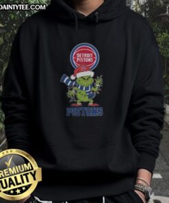 Awesome Detroit Pistons Christmas Grinch Santa Hat Holiday 2025 Hoodie featuring festive design and team colors.