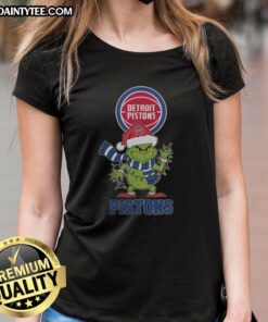 Awesome Detroit Pistons Christmas Grinch Santa Hat Holiday 2025 ladies tee, perfect for festive basketball fans.