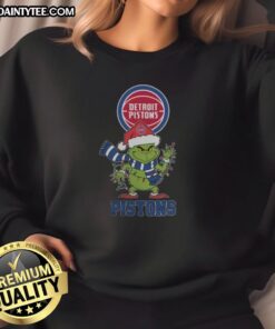 Awesome Detroit Pistons Christmas Grinch Santa Hat Holiday 2025 Sweatshirt featuring festive design and team colors.