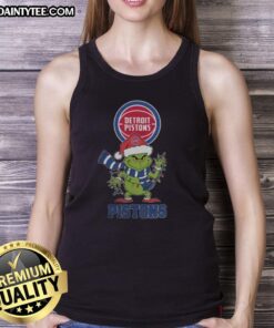 Alt Text: Awesome Detroit Pistons Christmas Grinch Santa Hat tank top for the 2025 holiday season, perfect for festive fans.